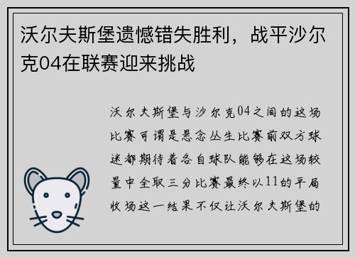 沃尔夫斯堡遗憾错失胜利，战平沙尔克04在联赛迎来挑战